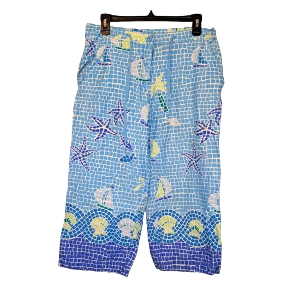 Line Two Mosaic Nautical Beach Print Shells Starfish Capris Size Medium